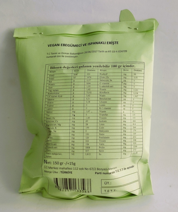 Vegan Ebegümecili, Ispanaklı Erişte (150 gr) - Görsel 2
